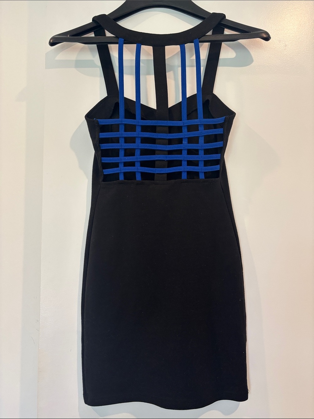 Zinga black & blue caged back, sweetheart neckline Mini BodyCon Cocktail Dress